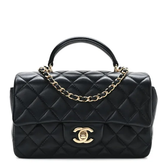 CHANEL Lambskin Quilted Mini Top Handle Rectangular Flap Black 0123