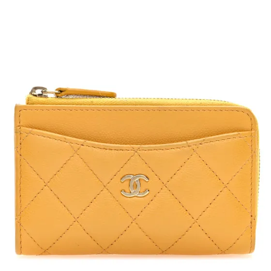 CHANEL Caviar Quilted CC Zip Around Card Holder Yellow 0112