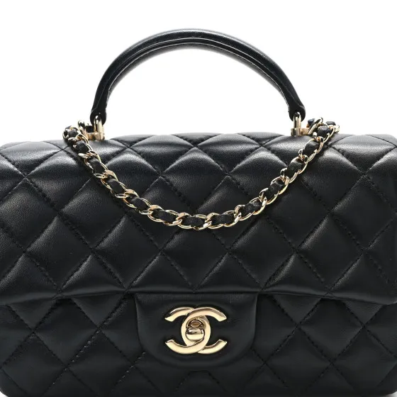 Rep CHANEL Lambskin Quilted Mini Top Handle Rectangular Flap Black 0123