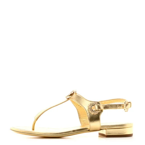 CHANEL Laminated Lambskin CC Leaf Thong Sandals 37 Golden 0112