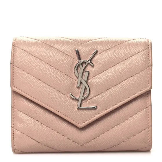 SAINT LAURENT Grain De Poudre Matelasse Chevron Monogram Compact Tri Fold Wallet Pale Pink 0112