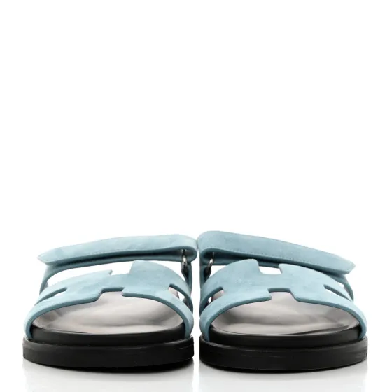 Rep HERMES Suede Goatskin Womens Chypre Sandals 37 Bleu Mineral 0126