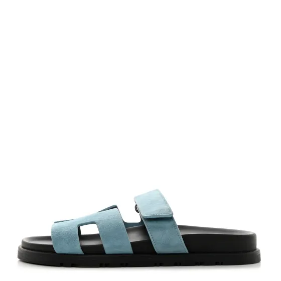 Rep HERMES Suede Goatskin Womens Chypre Sandals 37 Bleu Mineral 0126